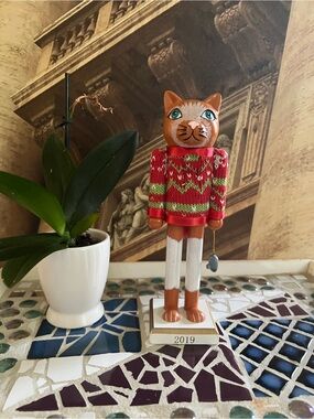 Wooden Cat Nutcracker Figurine in Red Sweater - 2019